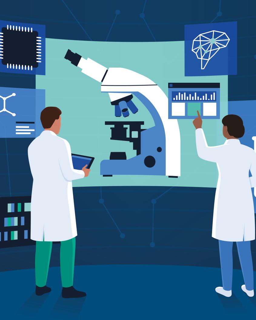 Illustration of researchers working lab with virtual screens and interfaces.