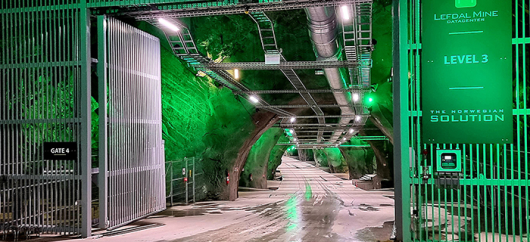 An open gate lit with green lights leading into an underground tunnel. 