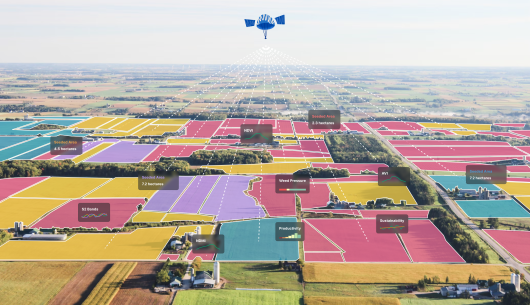 Image of a drone flying over a field spaced up in different colours.