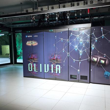 Supercomputer Olivia inside the Sigma2 data hall at Lefdal Mine Data Centers.